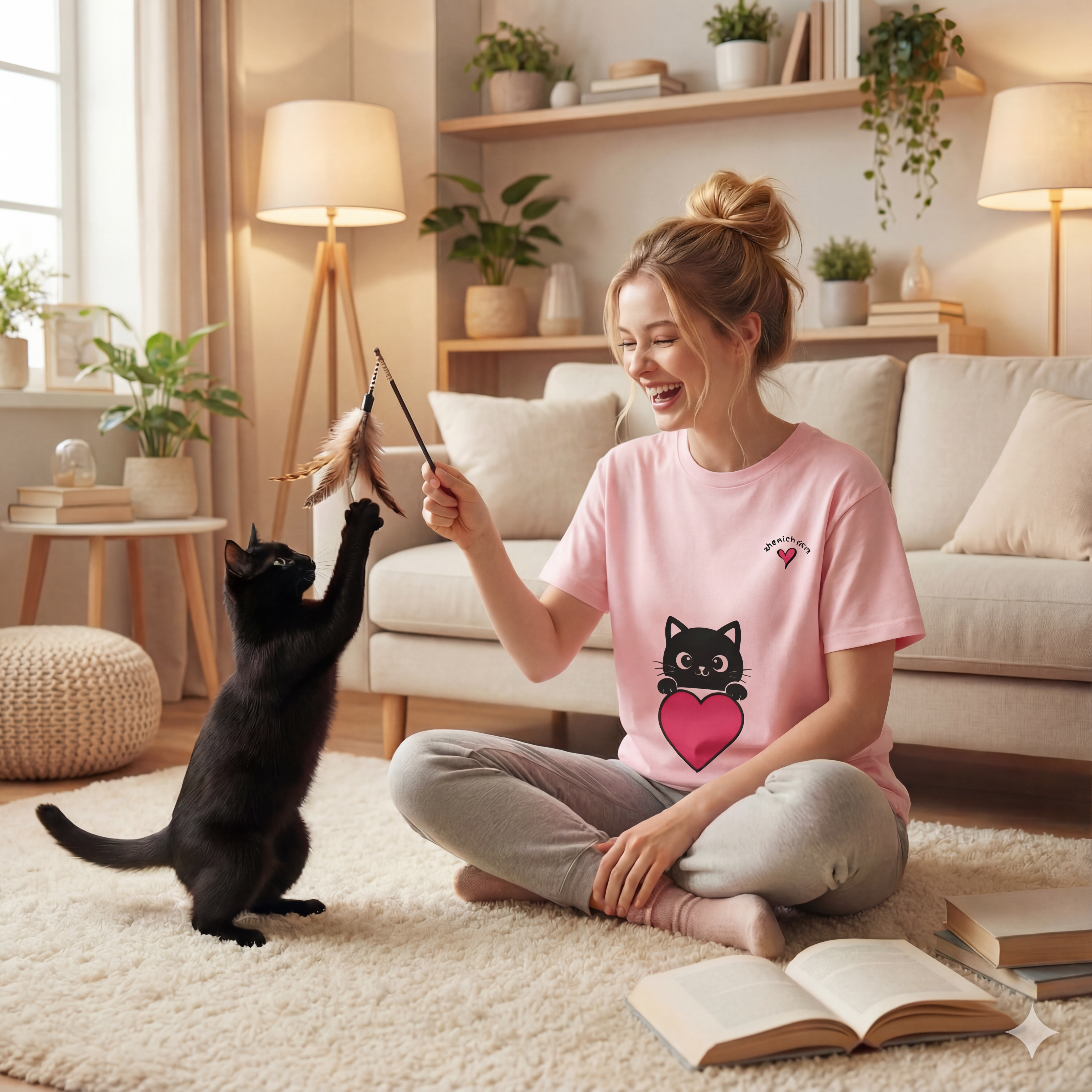 Pink t-shirt with cute black cat holding a heart graphic and shewish logo