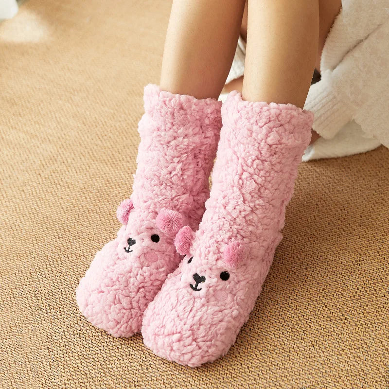 Floor Socks Women Autumn and Winter Velvet Coral Fleece Socks Sleep Home Slippers Snow Socks Confinement Bear Carpet Socks